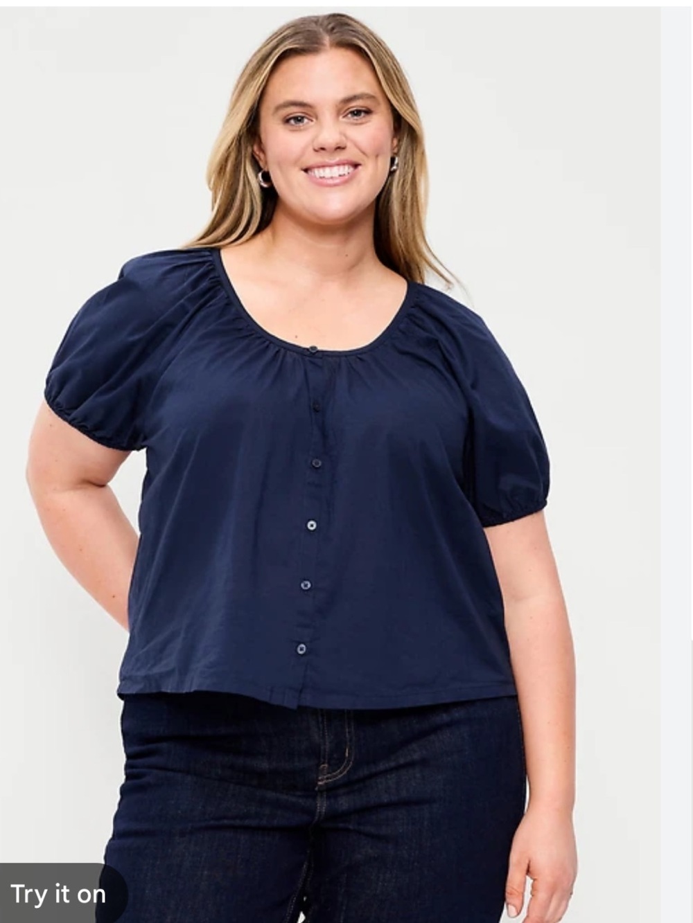 NWT Old Navy Navy Scoop-Neck Puff-Sleeve Button Blouse Size Large 100% Cotton